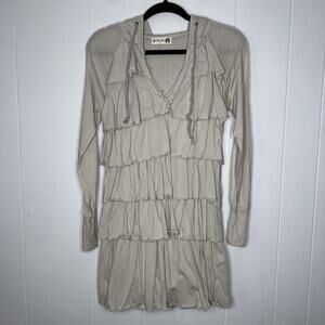 Scolar Women’s Y2K Tiered Ruffle Tunic Top Long Sleeve Hooded Size Medium